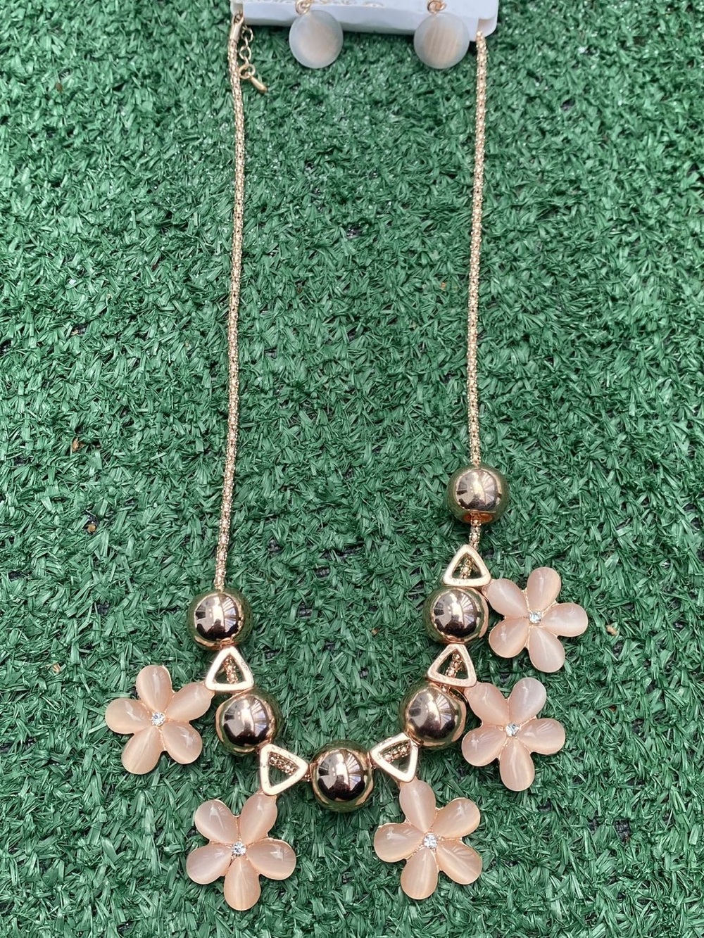 Gold-Tone Necklace with Blush Pink Flower Charms and earrings
